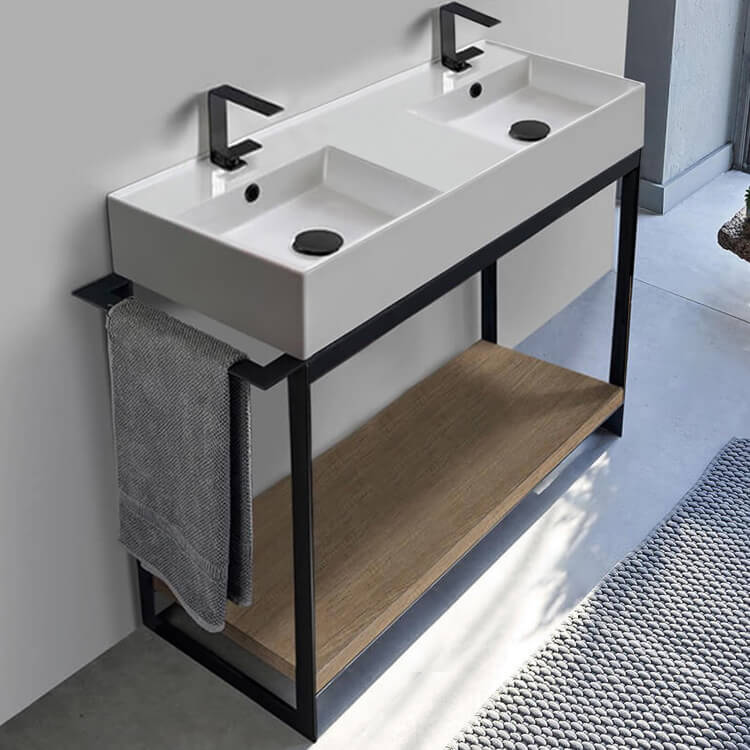 Scarabeo 5142-SOL2-89-Two Hole Console Sink Vanity With Double Ceramic Sink and Natural Brown Oak Shelf
